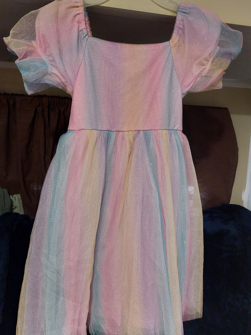 Girls Pastel Rainbow Tulle Dress - Sparkle Puff Sleeve Size 8